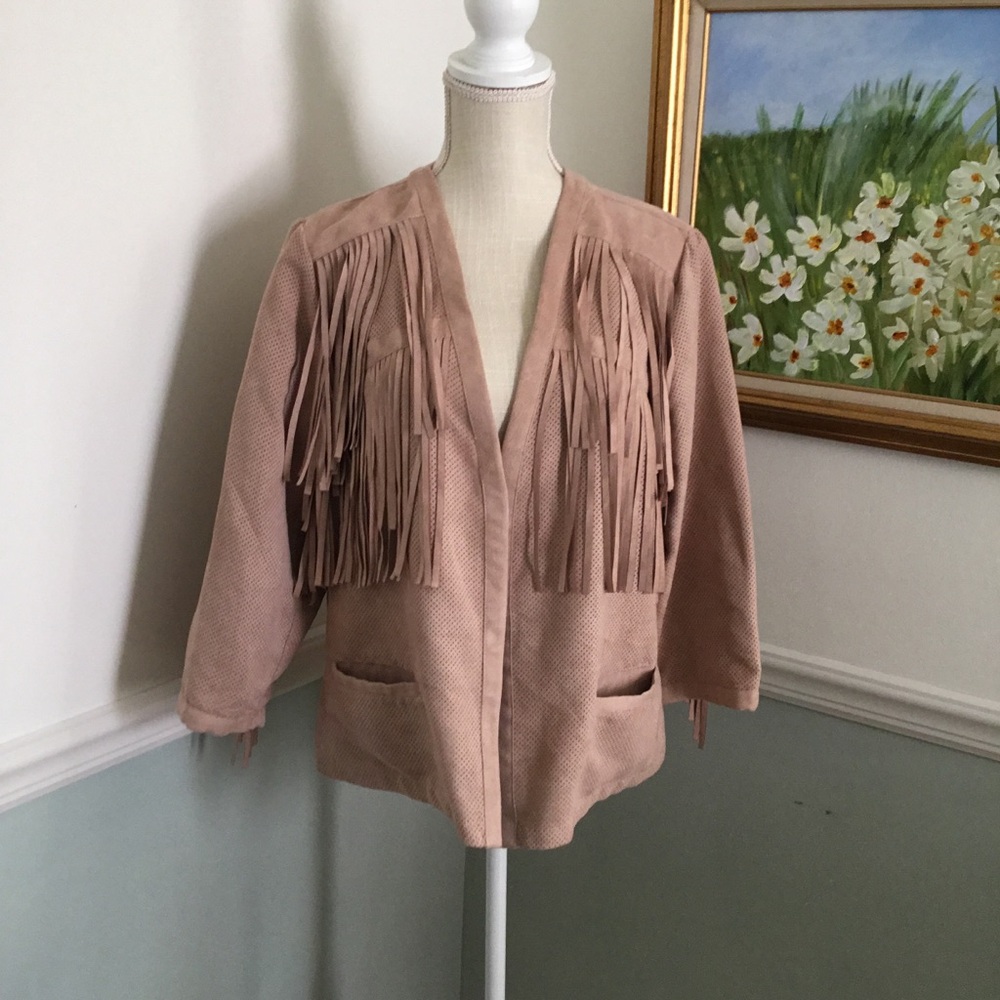 Chicos ultra suede fringe jacket with three-quarter sleeves